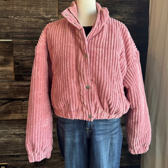 Le Lis Pink Corduroy Ribbed Cropped Jacket Womens Large Zip Snap - Picture 4 of 16